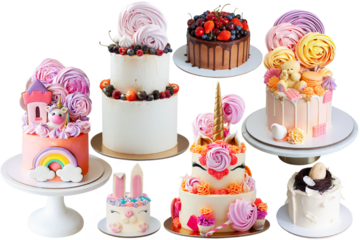 Set of different birthday cakes decorated with fresh berries, candy, unicorns, meringue swirls isolated on white background, png