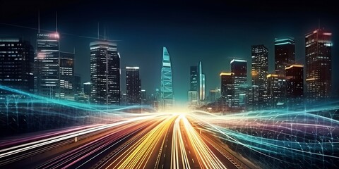 Fototapeta na wymiar Smart digital city with high speed light trail of cars of digital data transfer. Generative AI technology