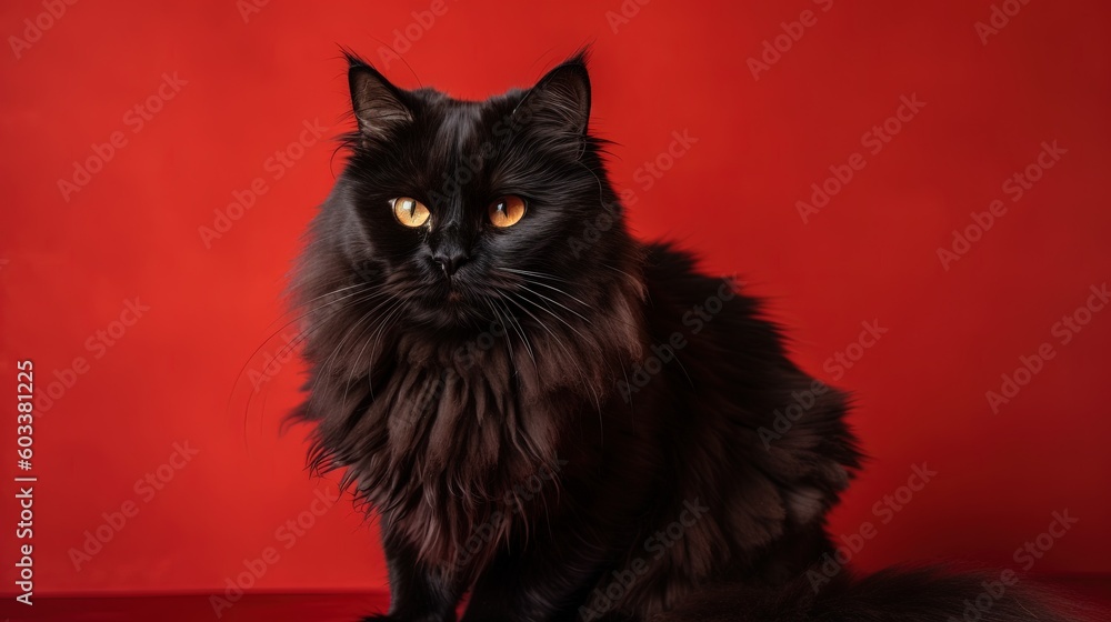 Poster a black cat sitting on a red surface with a red background. generative ai