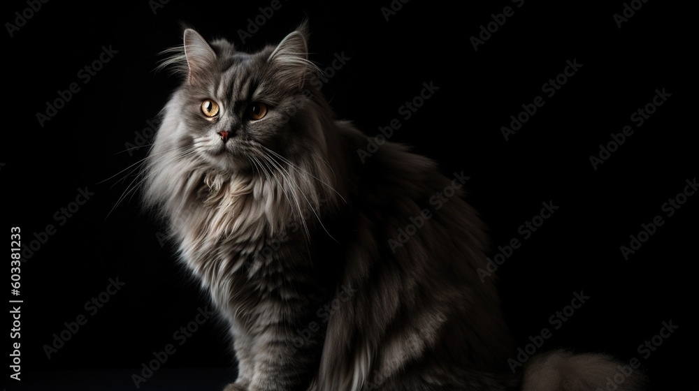 Poster a fluffy cat sitting on a table looking at the camera. generative ai
