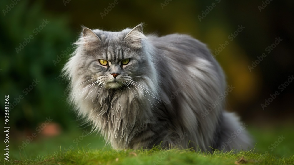 Poster a fluffy cat with yellow eyes standing in a field of grass. generative ai