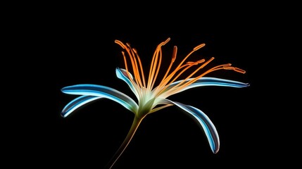 a blue and yellow flower on a black background in the dark.  generative ai