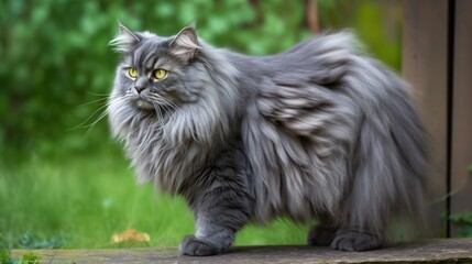 Naklejka na ściany i meble a long haired gray cat standing on top of a wooden bench. generative ai