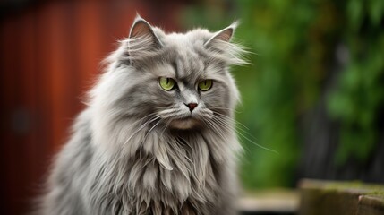 Naklejka na ściany i meble a long haired gray cat with green eyes looking at the camera. generative ai
