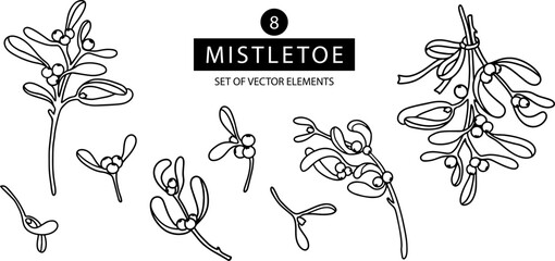 Set of black and white simple illustration of mistletoe branch. Christmas traditional floral elements