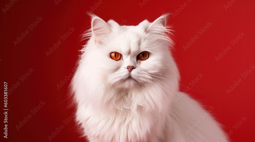 Poster a white cat with red eyes sitting in front of a red background. generative ai
