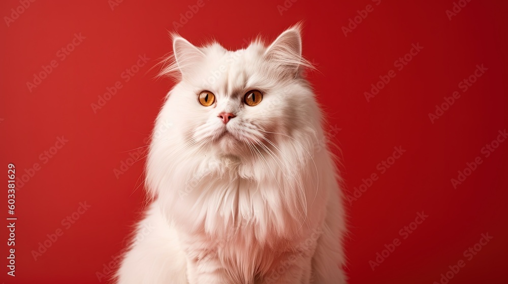 Poster a white cat with a red background and a red background. generative ai