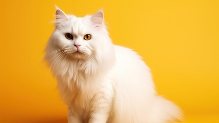  a white cat sitting on a yellow background looking at the camera.  generative ai