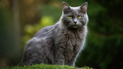 Naklejka na ściany i meble a gray cat with green eyes sitting on a mossy surface. generative ai