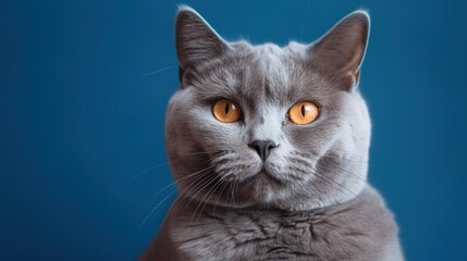  a gray cat with orange eyes looking at the camera with a blue background.  generative ai