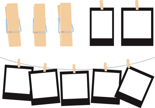 木製洗濯バサミで吊るされたポラロイドフィルムのイラストフレーム素材