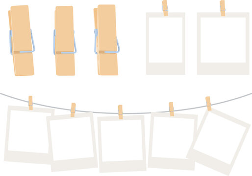 木製洗濯バサミで吊るされたポラロイドフィルムのイラストフレーム素材