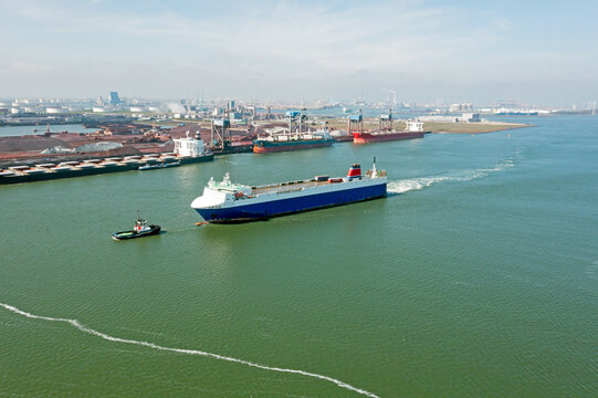 Aerial from a freighter on the Nieuwe Waterweg near Rotterdam harbor in the Netherlands