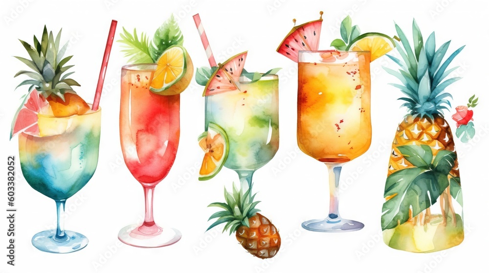 Poster a group of different types of drinks with pineapples. generative ai
