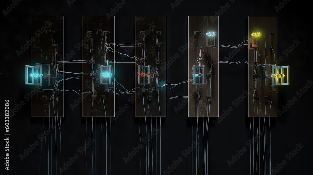 Poster a series of images of a room with a neon light. generative ai