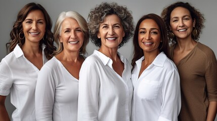 group of mature elegant women posing against gray wall and smiling