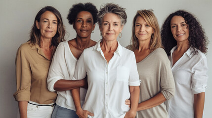 Group of mature women posing against gray wall