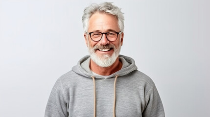 portrait of mature man isolated on white, wearing glasses and gray beard. smiling