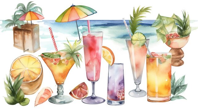  a watercolor painting of a variety of drinks with umbrellas.  generative ai