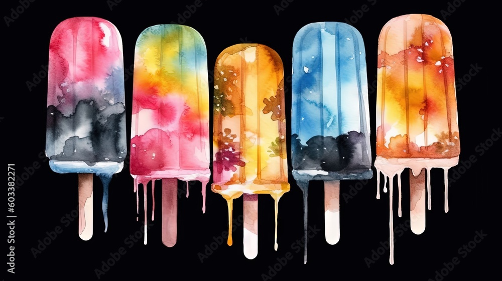 Poster four popsicles with different colors of ice cream on them. generative ai
