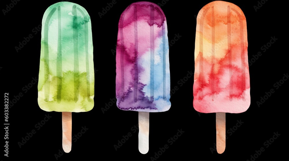 Poster three popsicles with different colors of ice cream on them. generative ai
