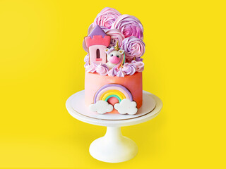 Cute pink birthday cake for a little girl with fondant unicorn, with gingerbread cookies isolated on yellow background, horizontal orientation
