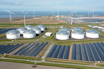 Aerial from industry in the Eemshaven Delftzijl in the Netherlands - obrazy, fototapety, plakaty