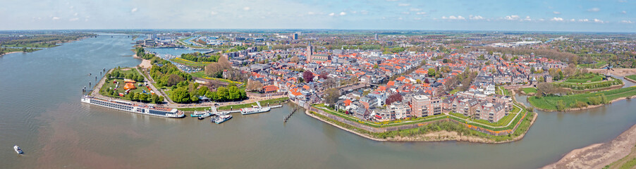 Fototapeta premium Aerial panorama from the historical city Gorinchem at the river Merwede in the Netherlands