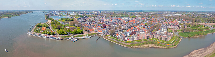 Fototapeta na wymiar Aerial panorama from the historical city Gorinchem at the river Merwede in the Netherlands