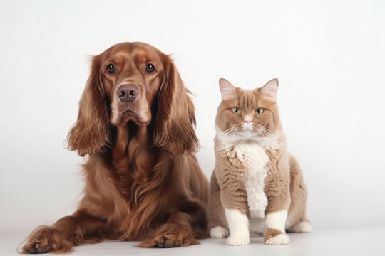 Peaceful pets, cat and dog, sitting together with trust and harmony, promoting love and loyalty between animals. AI Generative.