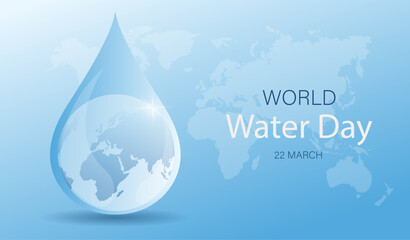 World water Day concept. Drop with silhouette of planet next to text. Caring for nature and ecology, sustainable lifestyle. Happy March 22. Holiday and festival. Realistic flat vector illustration