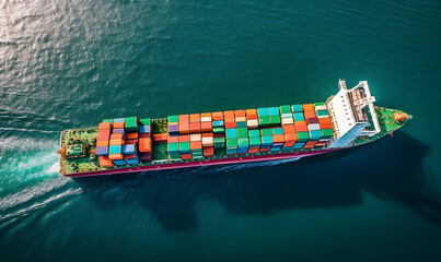 Overhead aerial view of a container cargo ship 