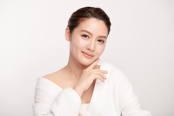 Beautiful young asian woman with clean fresh skin on white background, Face care, Facial treatment, Cosmetology, beauty and spa, Asian women portrait.
