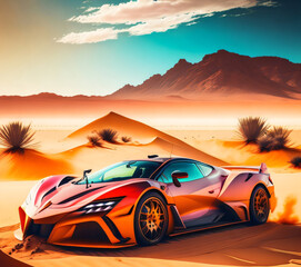 luxury futuristic design car in a desert, car concept illustration, created with Generative AI technology