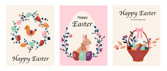 Fototapeta na wymiar Happy Easter banners set. Collection of posters with branches, colorful eggs, bird and rabbit. Spring traditional religious holiday. Cartoon flat vector illustrations isolated on white background