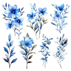 Set of blue floral watecolor. flowers and leaves. Floral poster, invitation floral. Vector arrangements for greeting card or invitation design