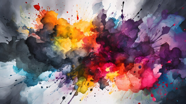 A bold and vibrant watercolor explosion, with intense pigments bleeding into one another, creating a visually striking and expressive background for graphic design compositions. Generative AI