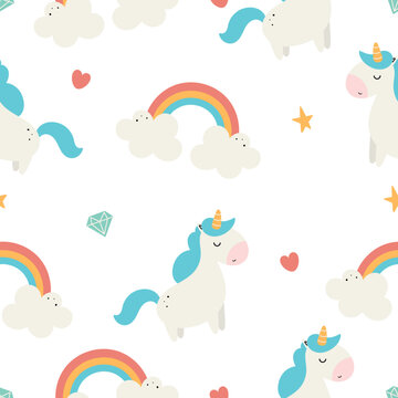 Seamless pattern with magic unicon and rainbow. For card, posters, banners, children books, printing on the pack, clothes, fabric, wallpaper, textile or dishes.