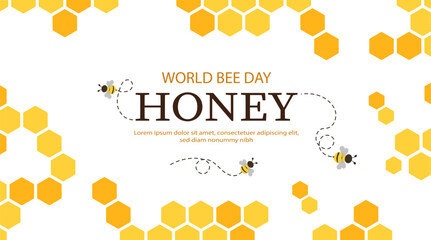 World Honey Bee Day. Bees fly near honeycomb borders background. Traditional international holiday or festival. Greeting postcard design. Cartoon flat vector illustration - obrazy, fototapety, plakaty