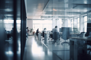 Blurred view of office desks with employees working, business, blurred Generative AI