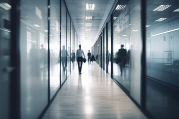 Fototapeta na wymiar Blurred office corridor with professionals walking by, business, blurred Generative AI