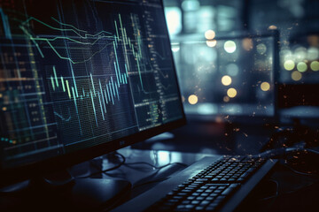 Blurred close-up of a computer screen with charts and graphs, business, blurred Generative AI