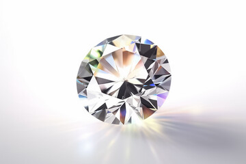 Sparkling light round brilliant cut diamond with shadow and glowing lens flares on white background. generative ai


