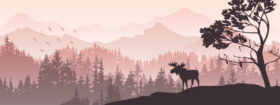 Silhouette of moose on hill. Tree in front, mountains and forest in background. Magical misty landscape. Illustration, horizontal banner.