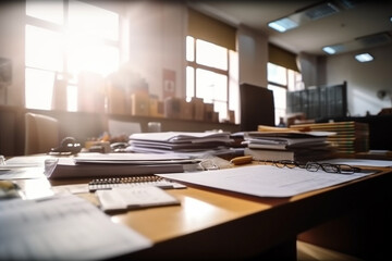 Blurred view of office desks with documents and stationery, business, blurred Generative AI