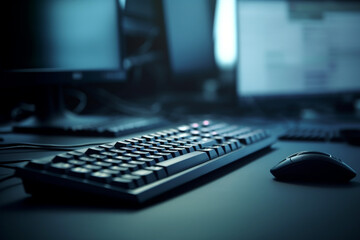 Blurred background of a computer keyboard and mouse on a desk, business, blurred Generative AI