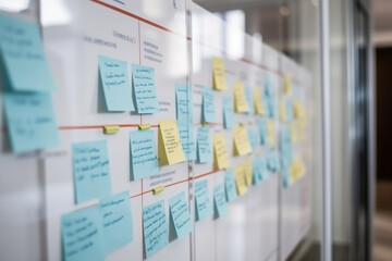 Blurred background of a whiteboard with project plans and timelines, business, blurred Generative AI - obrazy, fototapety, plakaty