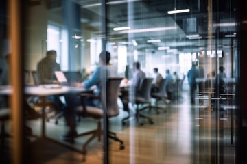 Blurred office cubicles with employees engaged in work discussions, business, blurred Generative AI