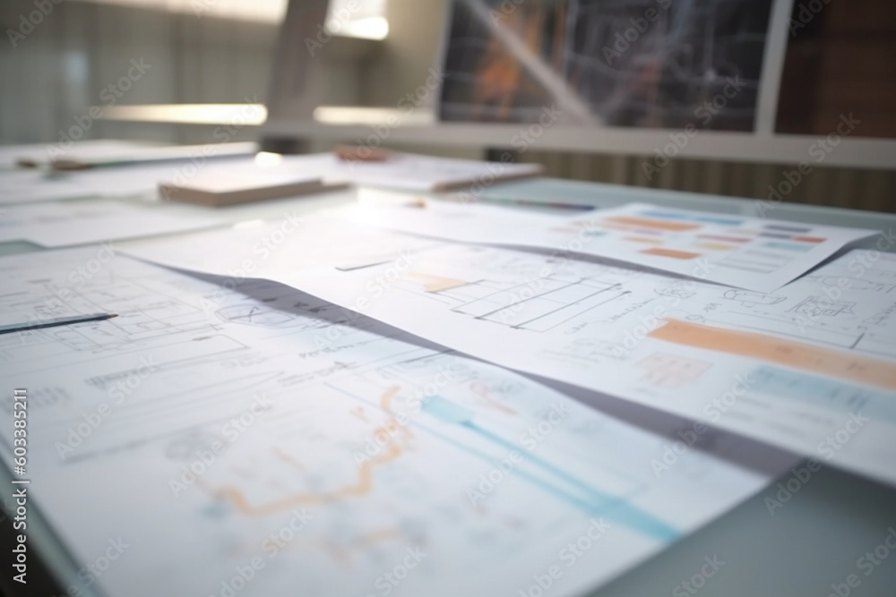 Poster blurred background of a whiteboard with project sketches and diagrams, business, blurred generative 
