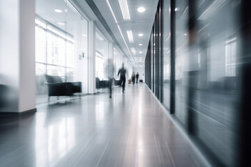 Obraz premium Blurred office hallway with people walking in a hurry, business, blurred Generative AI